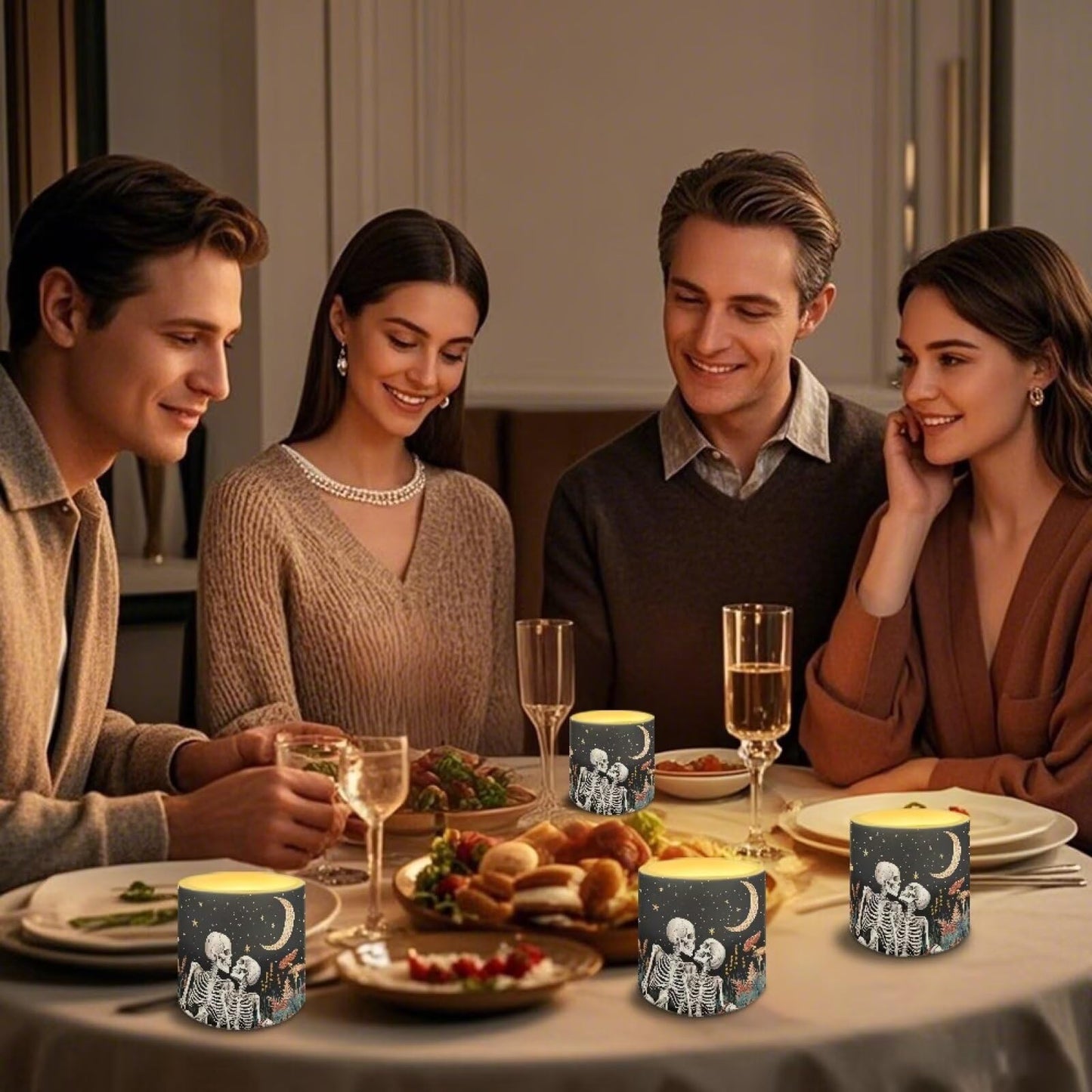 Merkmak Pack of 4 Flameless Candles Battery Operated Candles with Remote and Timer Flickering LED Elictric Pillar Tealights for Indoor Outdoor Decorations, Moon Skeleton