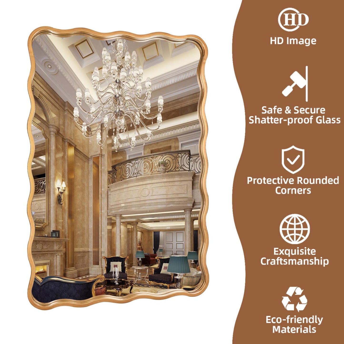 20 * 30 Inch Gold Ripple Rectangle Bathroom Mirror Wall Mounted Large Modern Countryside Suitable for Washroom, Bedroom, Living Room, Entryway