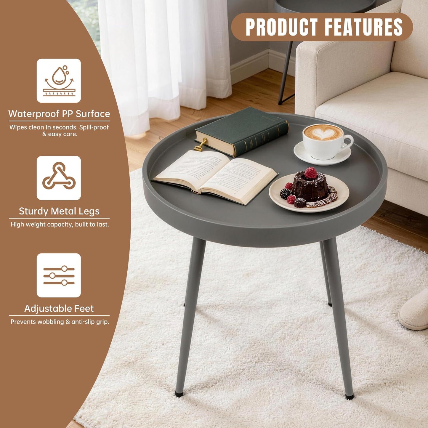CHAIRABLE 20" Round Side Table, Plastic Top, Iron Frame, Waterproof, Gray