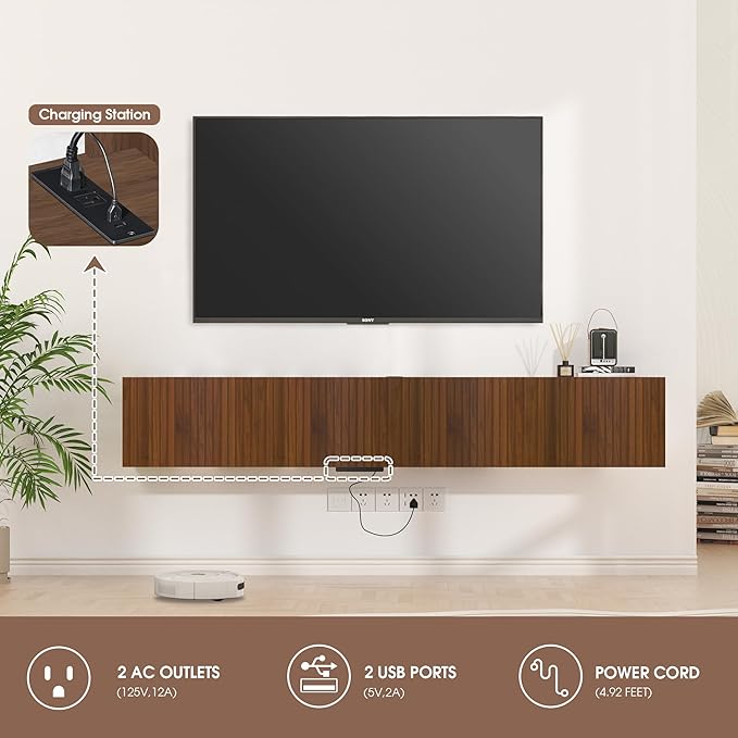 71” Floating TV Stand with LED Lights & Charging Station, Wall Mounted