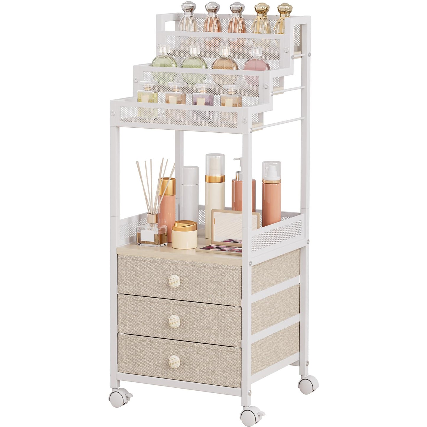 FURFUN Makeup Organizer Storage with Drawers, 13 Inch Bathroom Stand Large Floor Rolling Skincare Organizer Cart, 3-Tier Vanity Tray Stand for Cosmetics, Nail Polish, Perfume Display Cases Holder