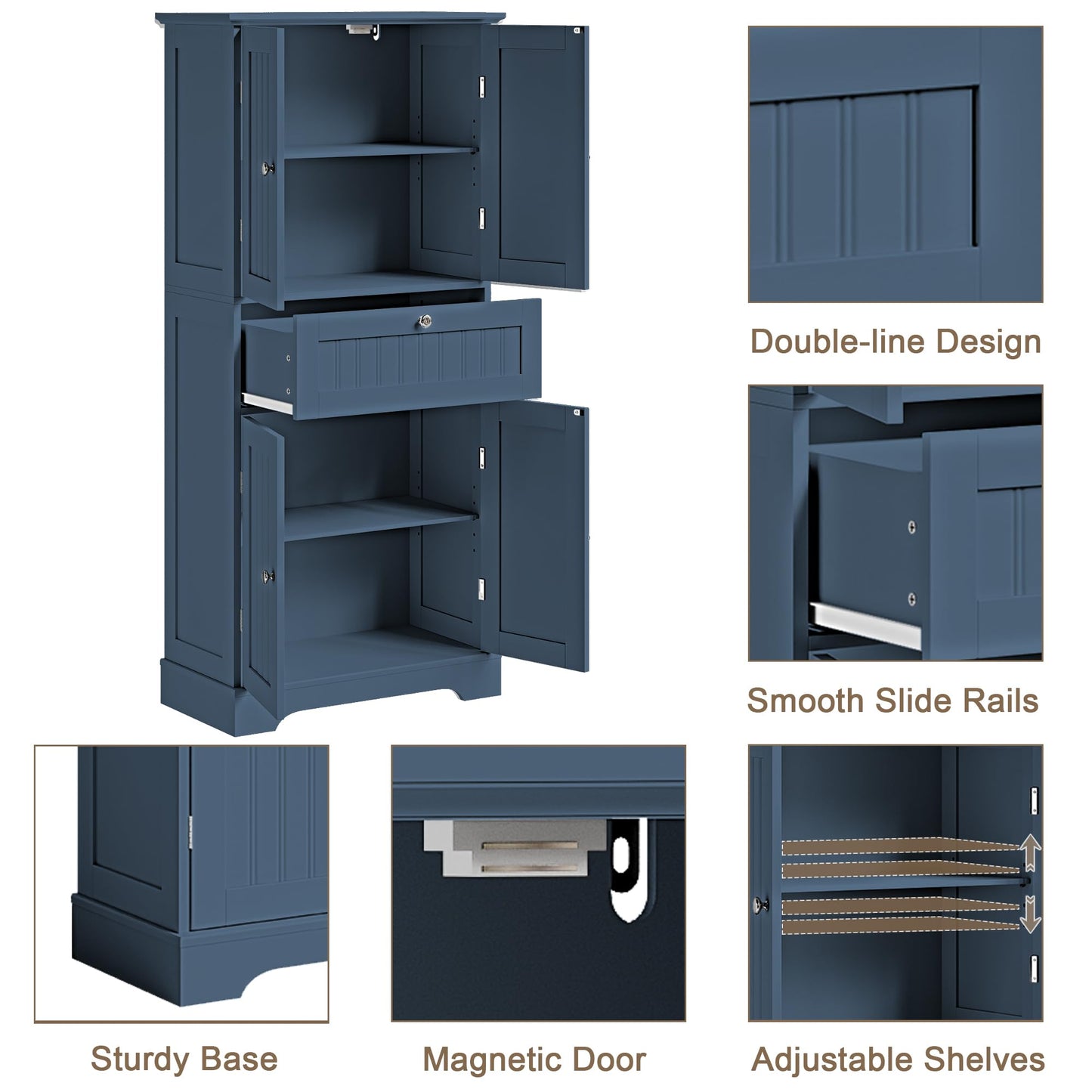 ChooChoo 51" H Tall Bathroom Floor Cabinet, Modern Bathroom Storage Cabinet with Drawer and Adjustable Shelves, Freestanding Kitchen Pantry Cupboard with 4 Doors for Living Room, Blue