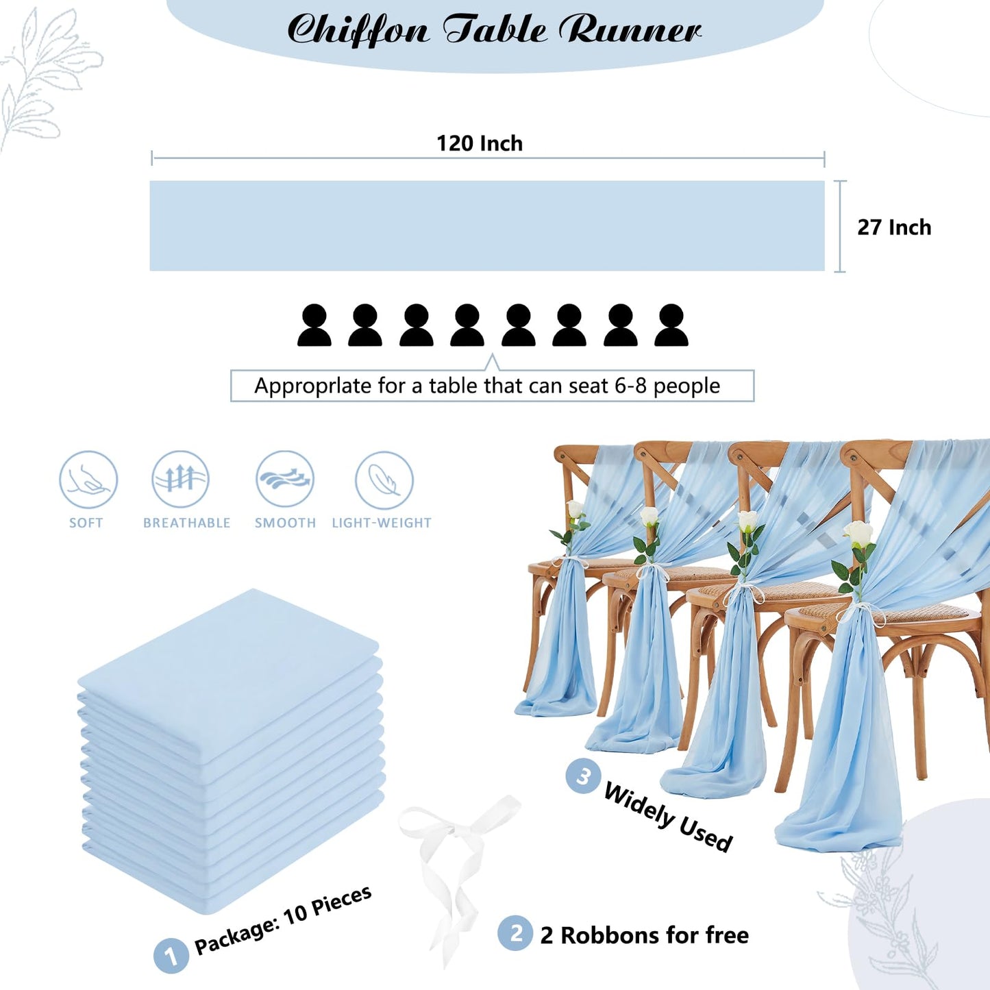 Chiffon Table Runner 10 Pieces 27x120 Inches Blue Soft Sheer Table Runners for Elegant Party Buffet Table Decoration
