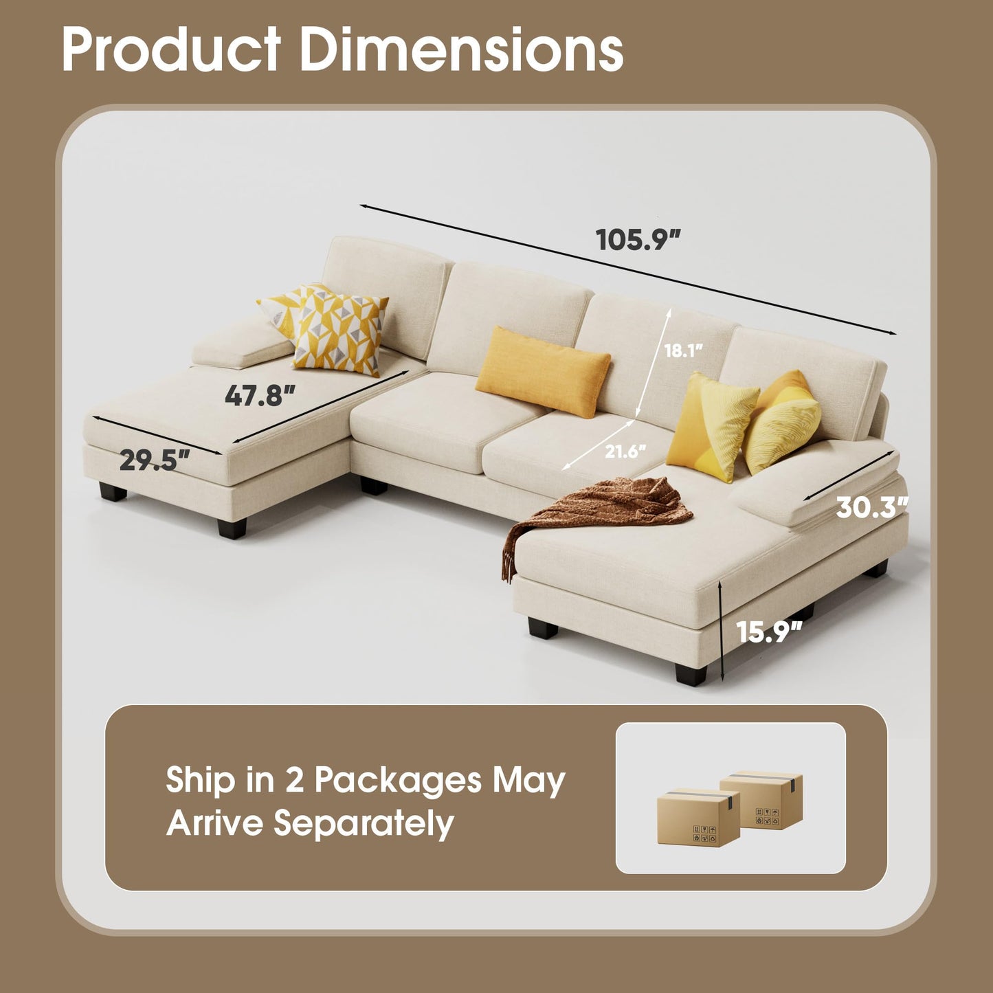 Furmax Sectional Couches for Living Room, U-Shaped Sofa Couch with Linen Fabric, 4 Seat Sofa Set with Double Chaise for Apartment (Chenille, White)