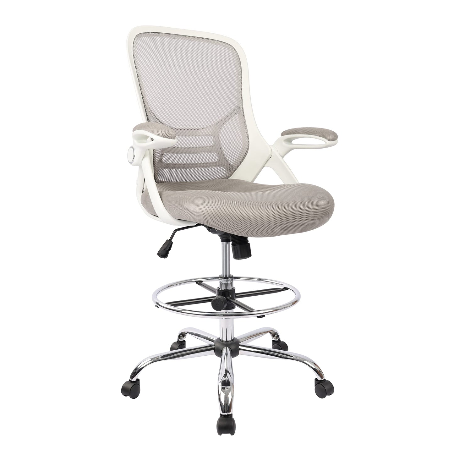 HYLONE Drafting Chair, Tall Office Chair Standing Desk Stool with Adjustable Foot Ring, Flip-Up Arms, Mesh High-Back Drafting Table Chair, White & Grey