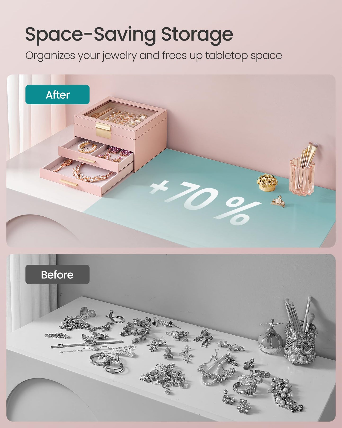 SONGMICS GISELLA Collection - Jewelry Box Organizer, 3-Layer Jewelry Storage with 2 Drawers, Shiny Metal Hardware, Glass Lid, Modern, 8 x 9.1 x 5.3 Inches, Jelly Pink and Gold Color UJBC239SA01S