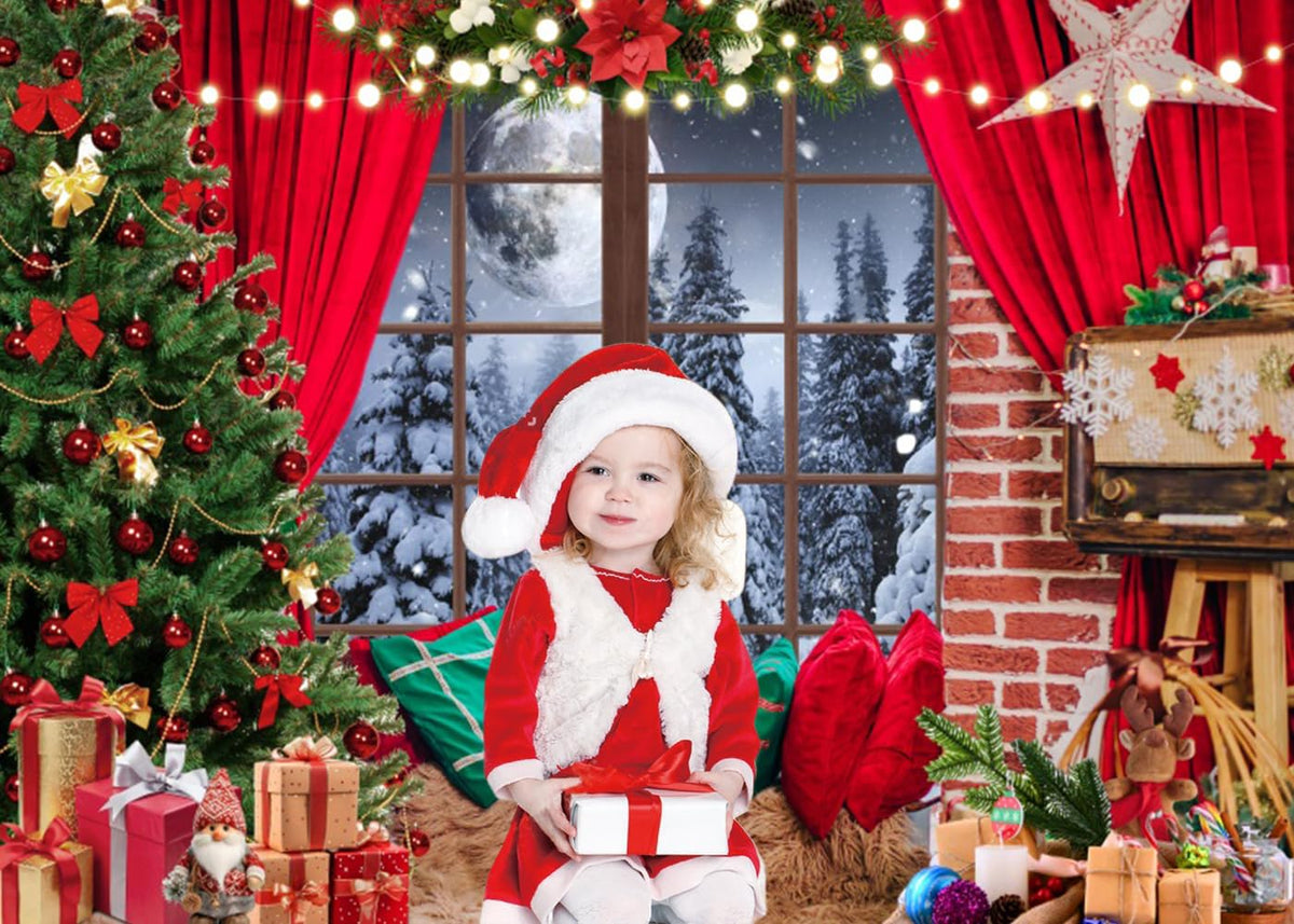 Diasynig 5x4FT Christmas Backdrop Window Red Curtain Xmas Tree Gifts Forest Snow Scene Photography Background Family Kids Winter Holiday Christmas New Year Party Decorations Banner Photo Booth Props