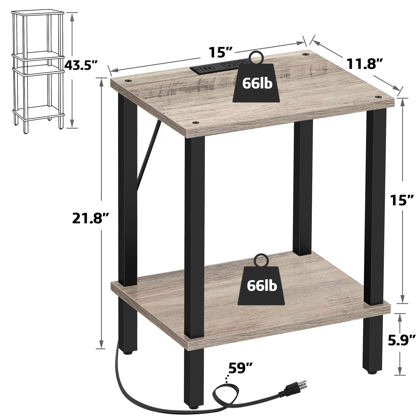 TUTOTAK End Table with Charging Station, Small Side Table with Outlets, Nightstand Bedside Table, 2-Tier Storage Shelf for Small Space, Living Room, Bedroom, Greige TB01BG040