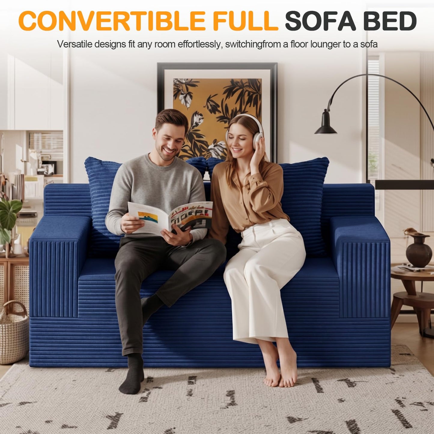 Erament Boneless Loveseat Convertible Sofa Bed, Folding Floor Futon Sleeper Sofa Couch Bed- Boneless Foldable Couch, Corduroy Pull Out Sofa Bed with 2 Pillows for Living Room & Bedroom