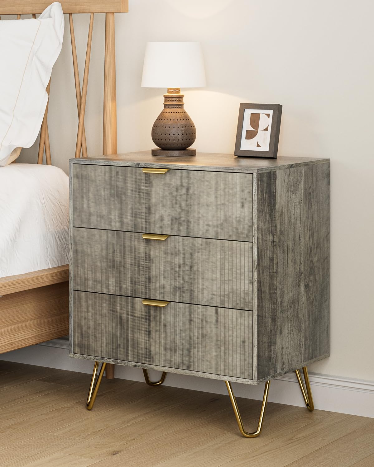 AEPOALUA Grey Dresser for Bedroom, Modern Fluted 3 Drawer Dresser with Storage, Dresser Chest of Drawers with Gold Handles for Bedroom, Living Room, Closet, Hallway, 15.8" D x 23.6" W x 27.6" H