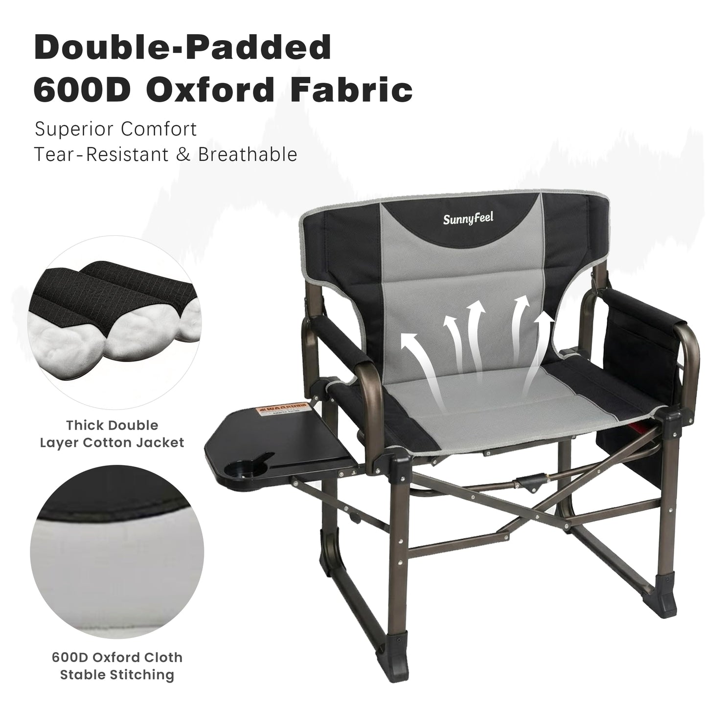 SUNNYFEEL Oversized Camping Directors Chair Black Portable Folding Chair for Adults Support 600lbs with Side Pocket and Side Table for Beach, Fishing, Trip, Picnic, Lawn, Outdoor Foldable Camp Chairs