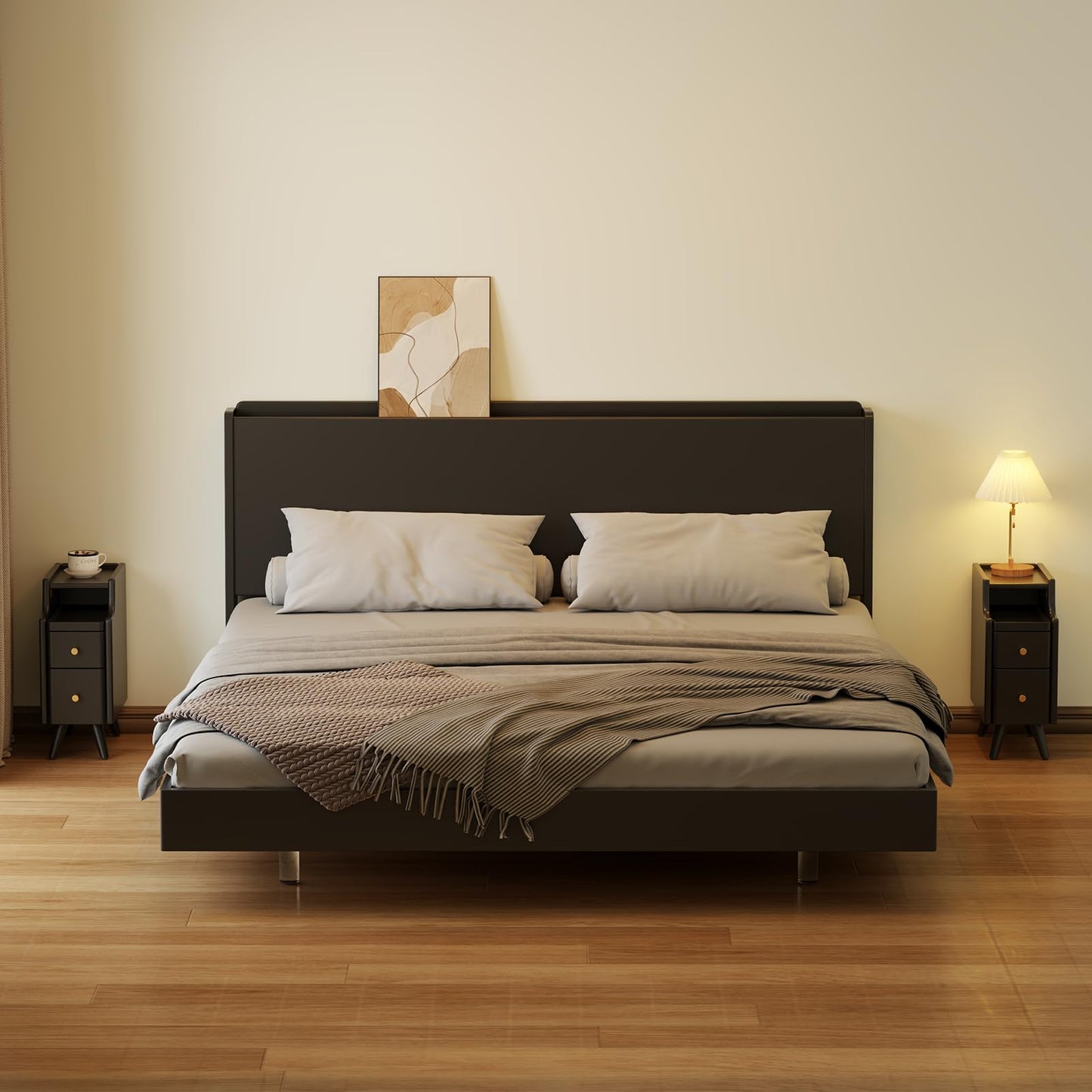 AQIMUELE Narrow Nightstand Set of 2, Small Black Wood Bedside Table with Drawers, End Table for Small Spaces Bedroom