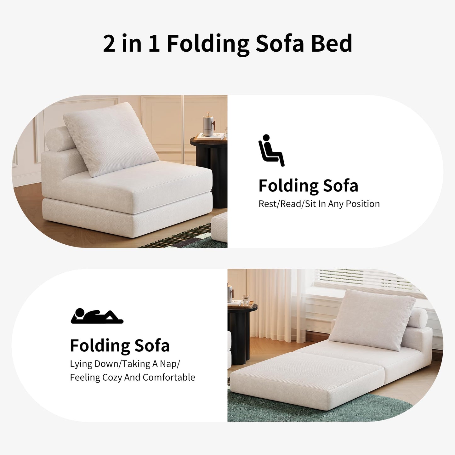 Folding Sofa Bed, Convertible Sleeper Chair with Memory Foam, Pillow & Back Support – Boneless Foldable Futon Couch, Floor Mattress Single Size Lounge for Living Room, Guest Room or Home Office