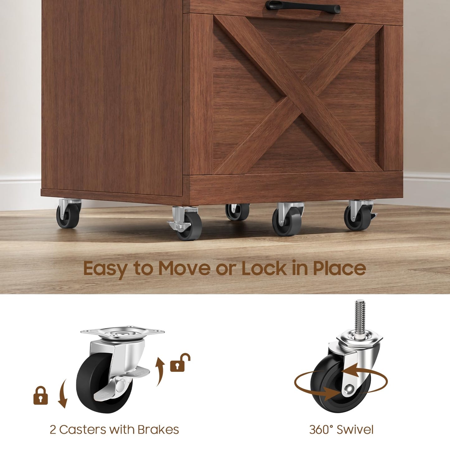 Halitaa 2 Drawer Small File Cabinet with Wheels, Farmhouse Vertical Filing Cabinet Fits A4/Letter Size, Under Desk Rolling File Cabinets for Home Office, Wooden Printer Stand, Walnut
