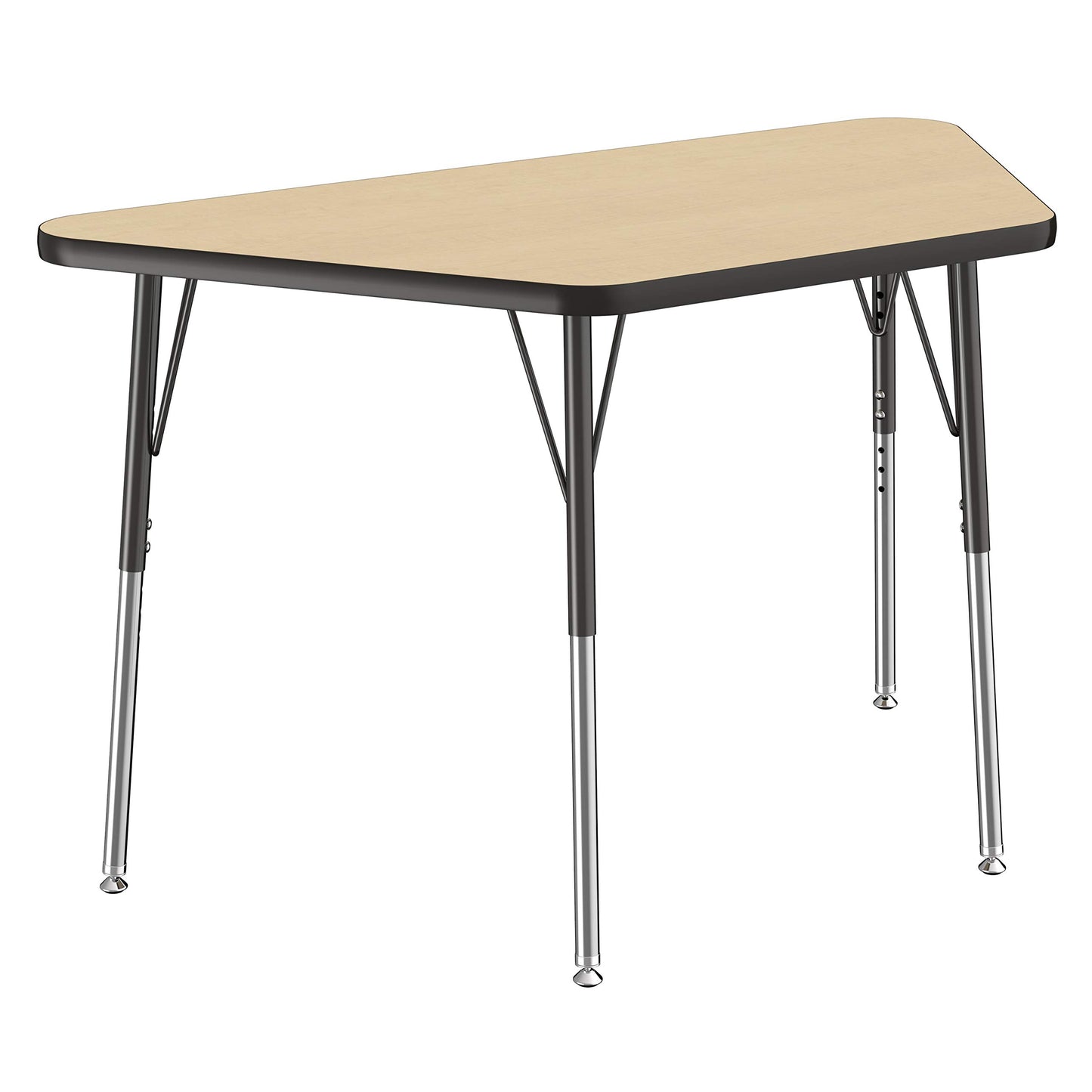 FDP Trapezoid Activity School and Office Table (24 x 48 inch), Standard Legs with Swivel Glides for Collaborative Seating Environments, Adjustable Height 19-30 inches - Maple Top and Black Edge