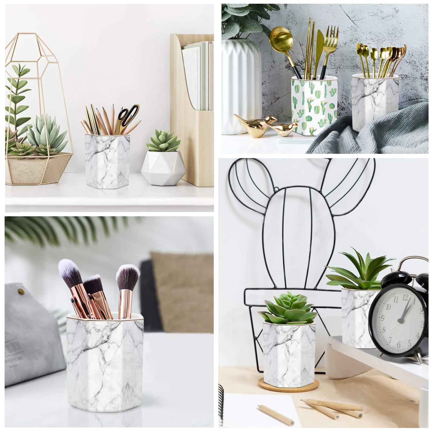 WAVEYU Pen Holder, Stand for Desk Pencil Cup for Girls Kids Durable Ceramic Desk Organizer Makeup Brush Holder for Office, Classroom, Home, White Marble