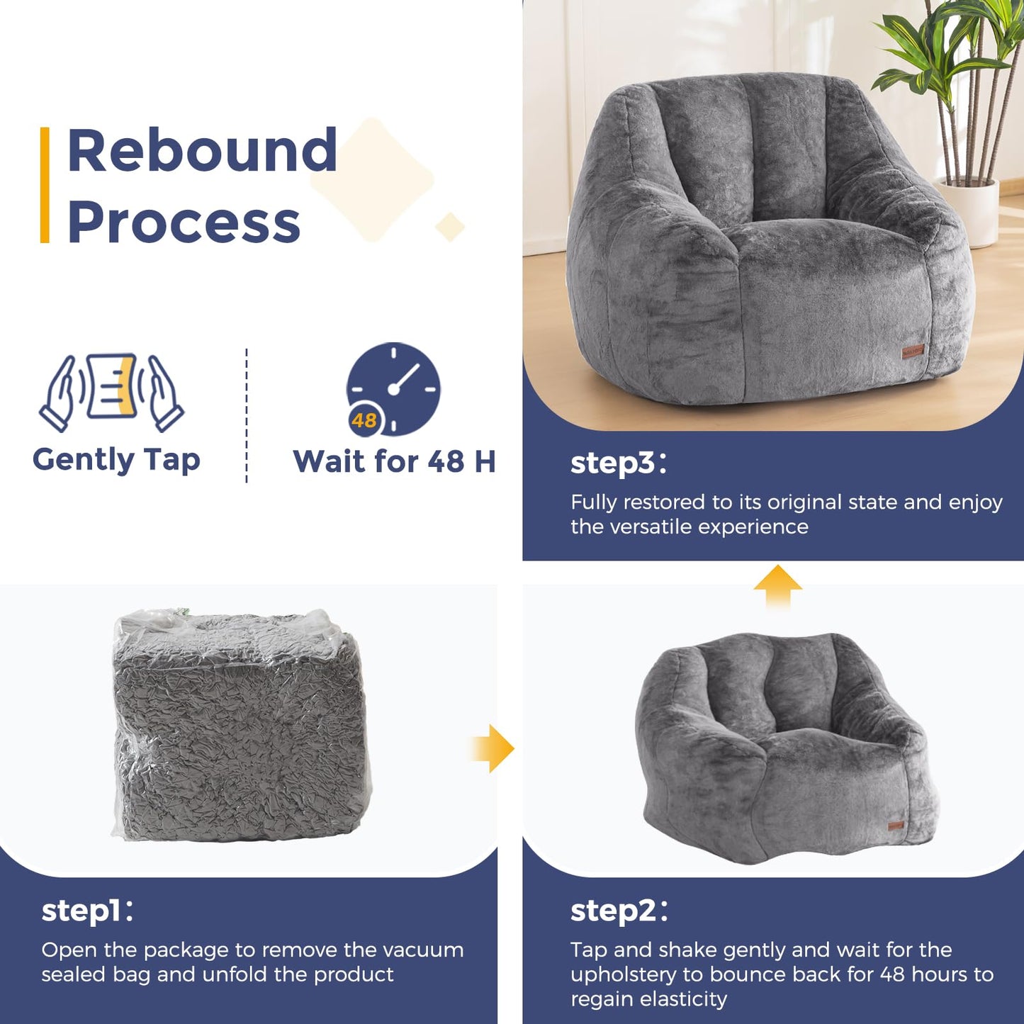 MAXYOYO Bean Bag Chair, Comfy Bean Bag Sofa with Back Support, Faux Fur Bean Bag Chair for Adults and Kids, Stuffed Floor Sofa for Living Room, Bedroom, Apartment, Grey