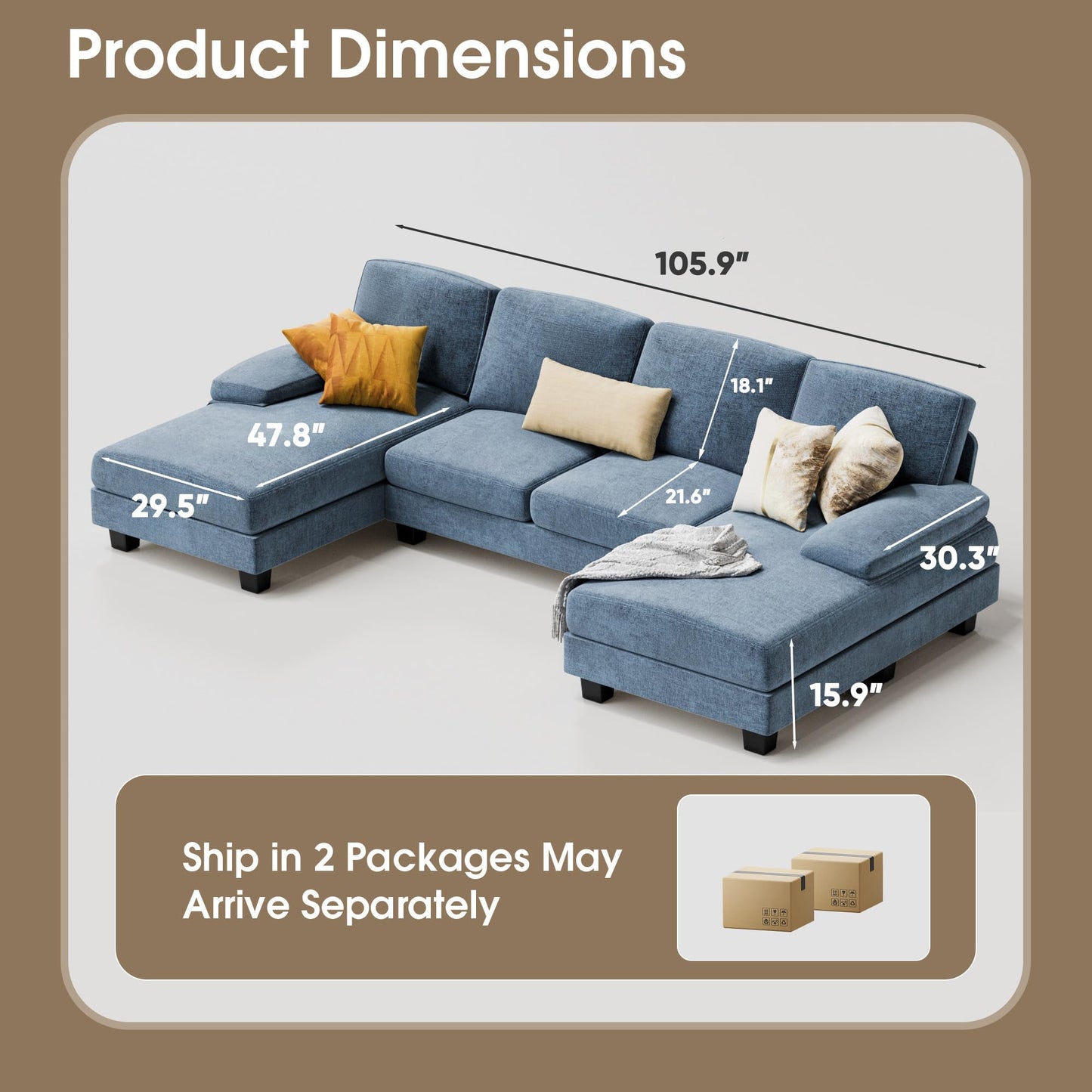 Furmax Sectional Couches for Living Room, U-Shaped Sofa Couch with Linen Fabric, 4 Seat Sofa Set with Double Chaise for Apartment (Chenille, Light Blue)