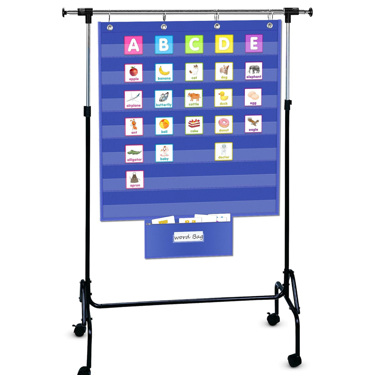 ALSLEA Standard Pocket Chart for Classroom with Zipper Storage Bag 28"x28" Wall Hanging File Display Pocket Chart with 7 Sentence Strips Holder Teacher Essential (Blue)
