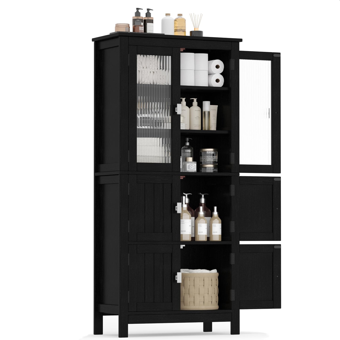 Akxomel 53.1" H Tall Bathroom Storage Cabinet, Bathroom Floor Cabinet with 6 Doors and Adjustable Shlef, Linen Cabinet, Pantry Cabinet for Living Room, Kitchen, Entryway, Black