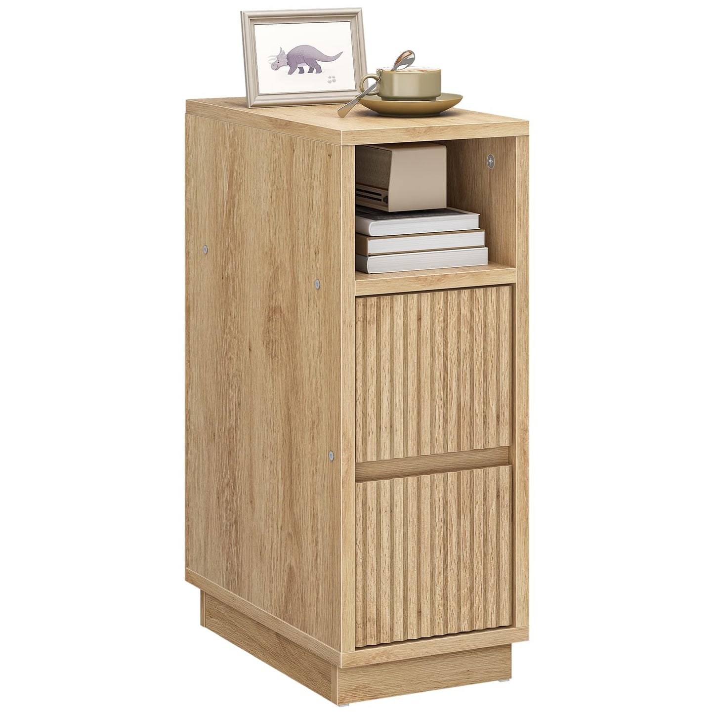 CHOEZON 8.7" Narrow Fluted Nightstand, Small Bedside Table with Drawers, Skinny Side Table, Modern Nightstand with 1 Semi-Open Shelf, Floating End Table, for Living Room, Bedroom, Natural MBZ12NL