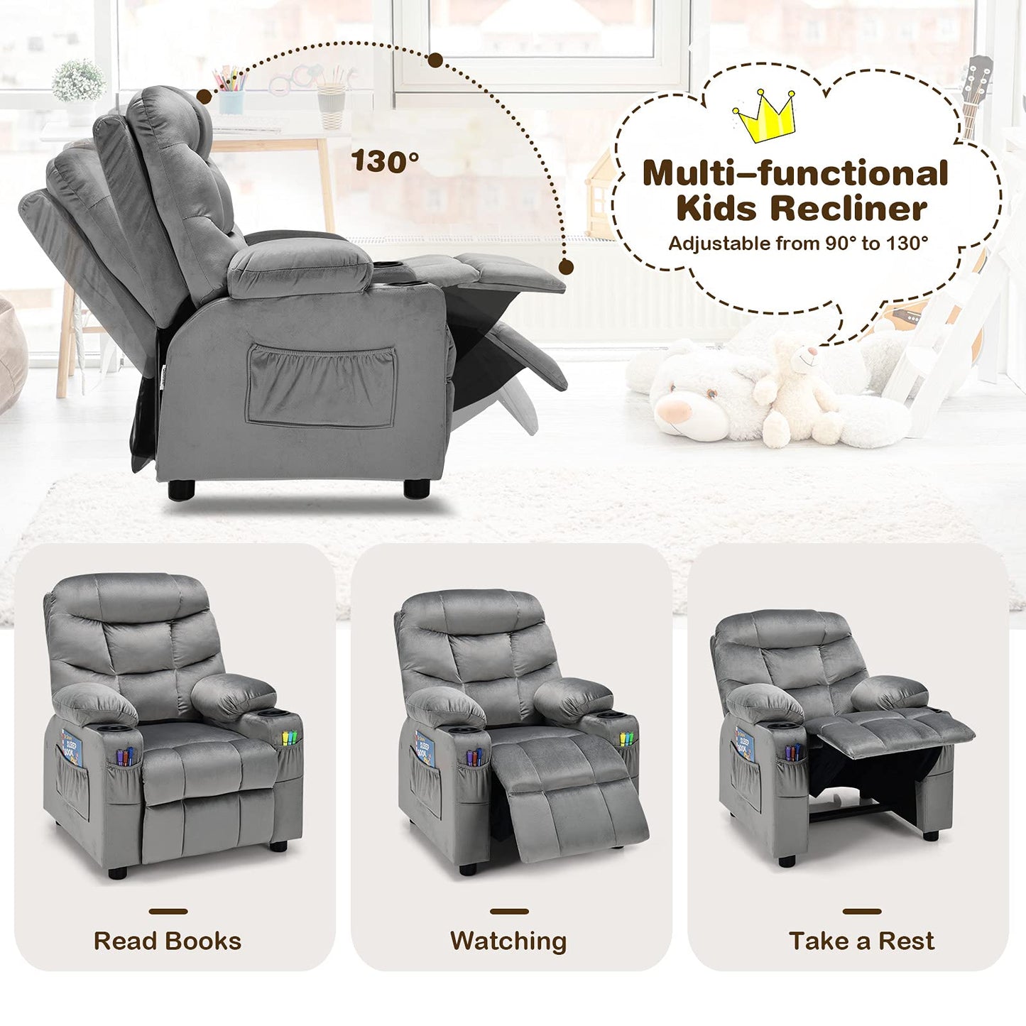 Costzon Kids Recliner Chair with Cup Holder, Adjustable Velvet Lounge Chair w/Footrest & Side Pockets for Children Boys Girls Room, Ergonomic Toddler Furniture Sofa Gifts, Kids Recliner (Gray)