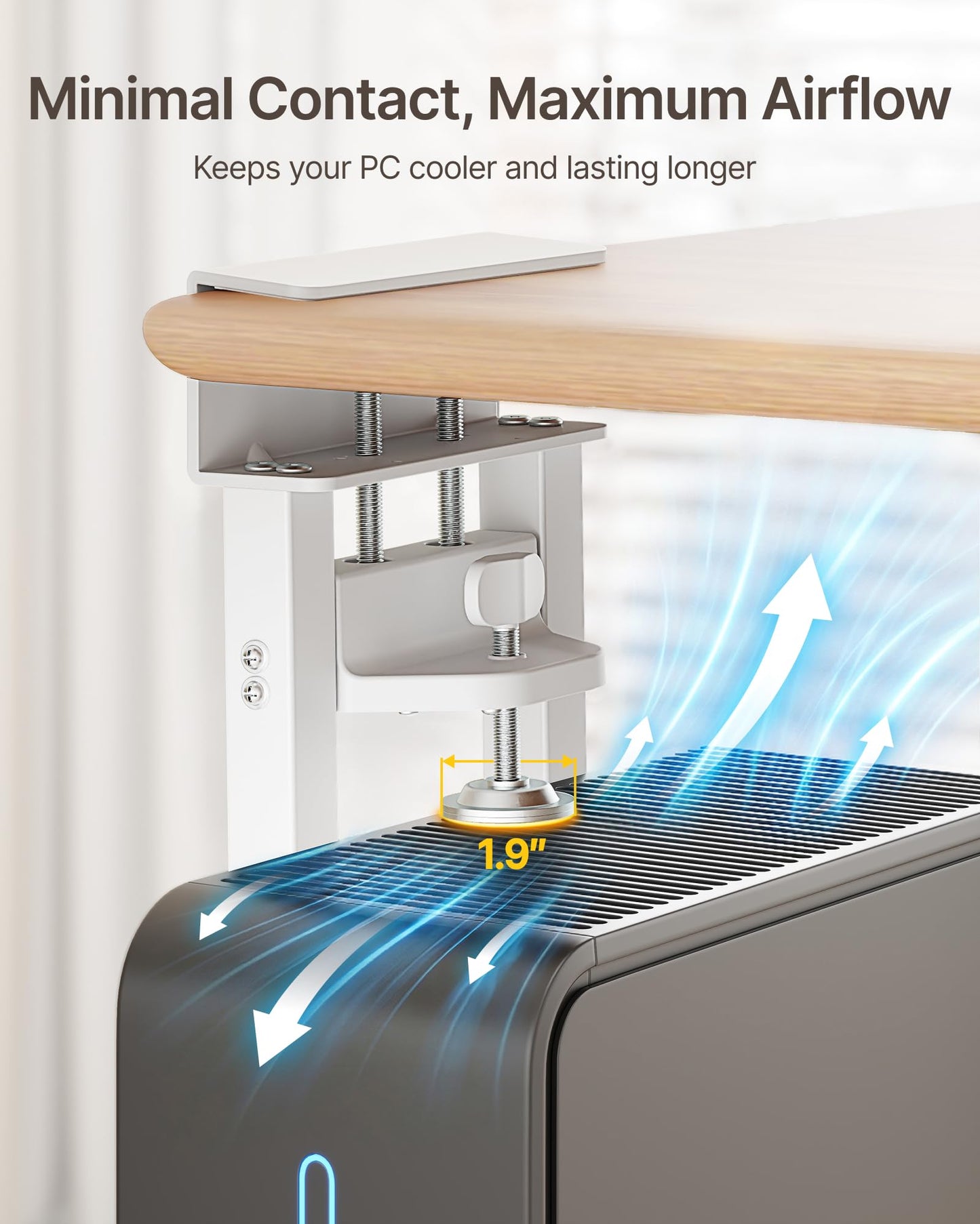 monTEK No Drill CPU Holder, Clamp-On Heavy Duty Steel Mount with Ventilated Cooling Design for Standing Desk & Home Office, Fits Most Cases 16.1"-25.6" H, 66 lbs, White