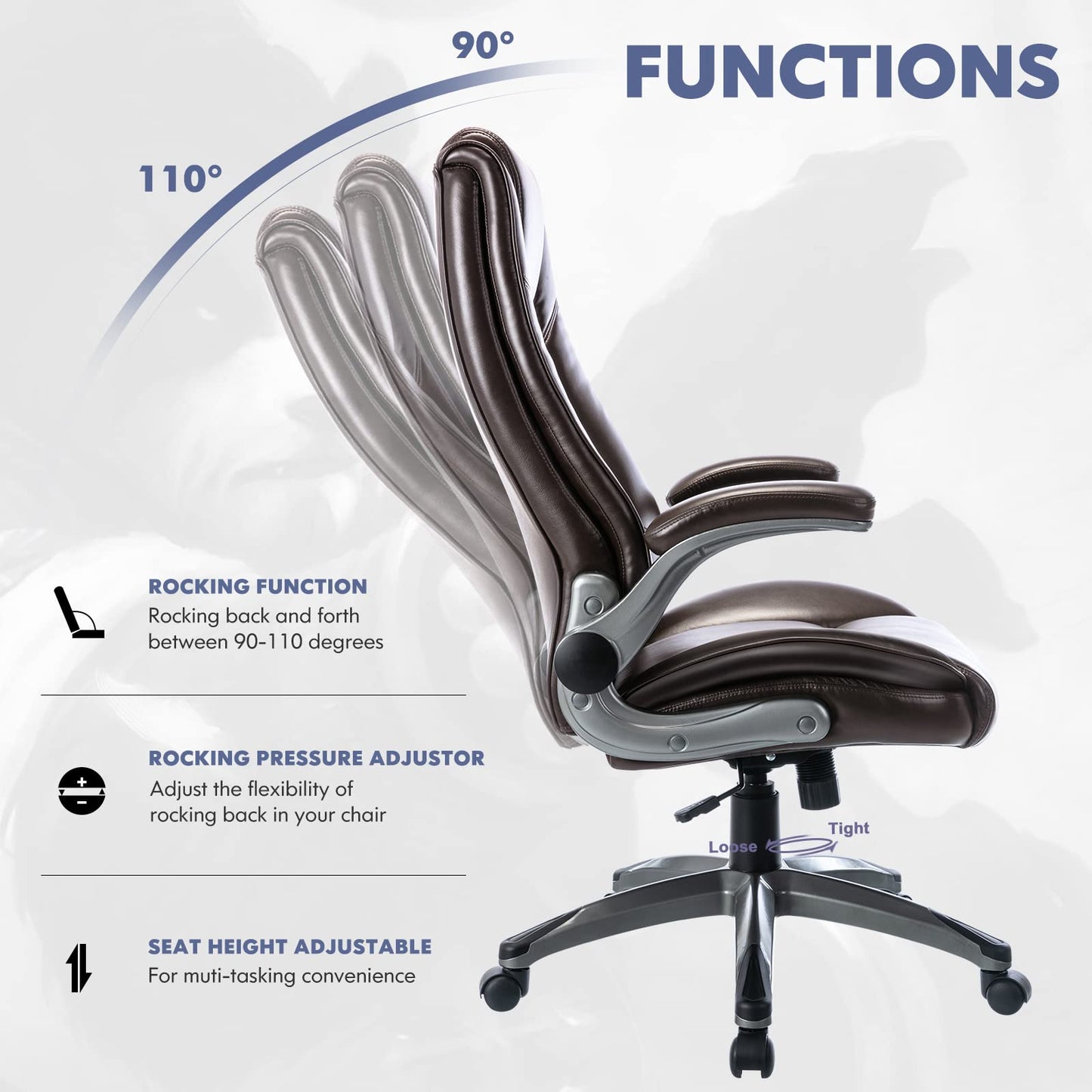 COLAMY Leather Executive Office Chair Set of 2 - High Back Ergonomic Home Computer Desk Chair with Padded Flip-up Arms, Adjustable Tilt Lock, Swivel Rolling Chair for Adult Working Study, Brown