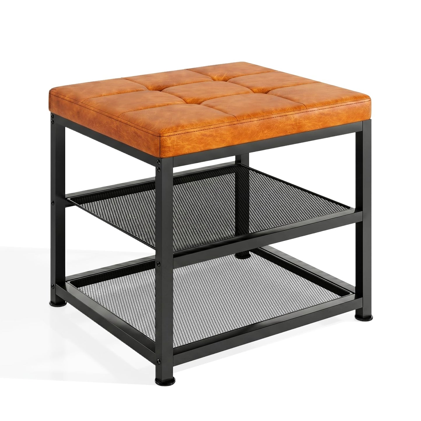 Small Shoe Storage Bench with PU Leather Seat Cushion, 3-Tier Freestanding Shoe Rack Organizer for Entryway, Heavy-Duty Metal Mesh Shelves, Supports Up to 300 lbs, Brown (15.7"x11.4"x17.5")