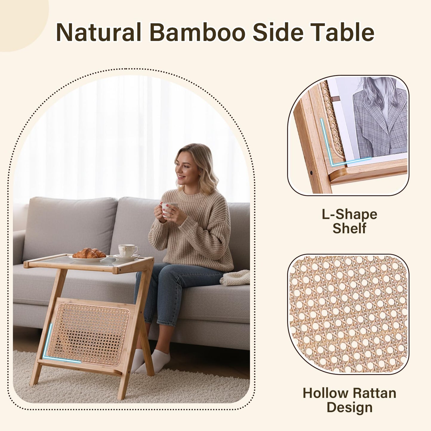 Tiita Rattan Side Table, Mid Century Nightstand, Bamboo Accent Bedside Tables, Glass Coffee Tables, Boho Wooden End Table with Storage for Small Space, Living Room and Bedroom