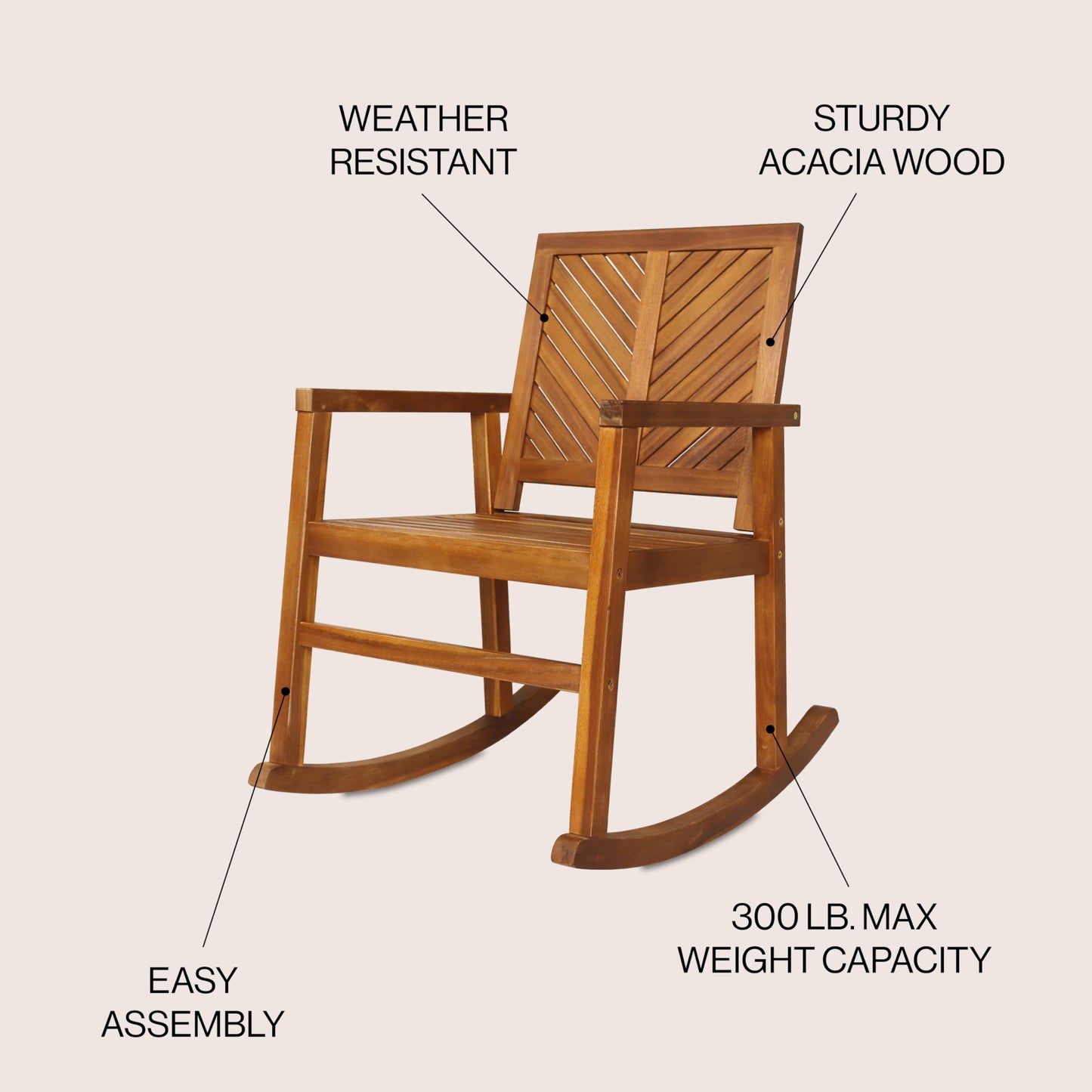JONATHAN Y Ned Solid Acacia Wood Outdoor Rocking Chair, All-Weather Chevron High Back Porch Rocker for Patio, Deck and Garden, Farmhouse Teak Finish Wood Armchair, 35" Height RCK100A
