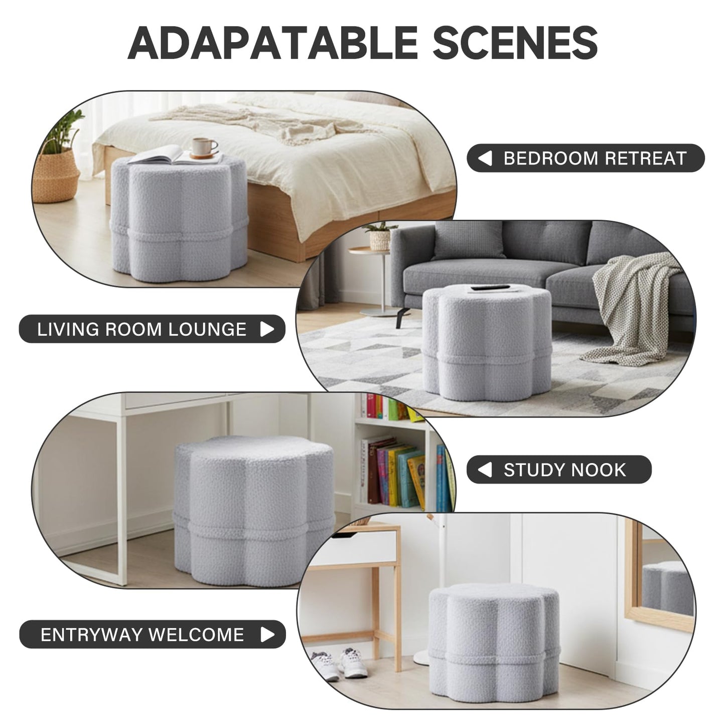 Tiita Floral Pouf Ottoman, Foot Stools Ottoman with Foam Chunk Filling, Puff Foot Rest for Couch, Living Room, Kids Room, Grey