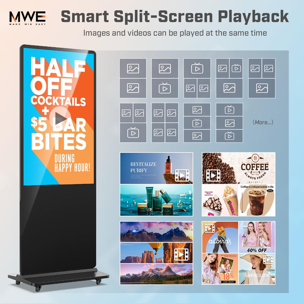 QIXZOCV MWE 32 Inch Indoor Digital Signage Displays Touchscreen Kiosk Floor Standing Advertising Display LCD Poster Interactive Display Android System with Auto Media Player