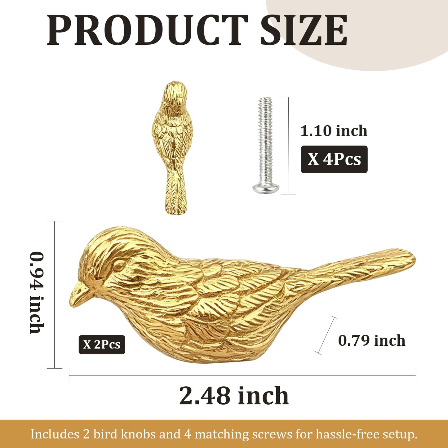 Qinwuwu 2 PCS Pure Copper Decorative Cabinet Knobs Creative Little Bird Art Kitchen Hardware Cupboard Drawer Dresser Pulls Handles (Golden)