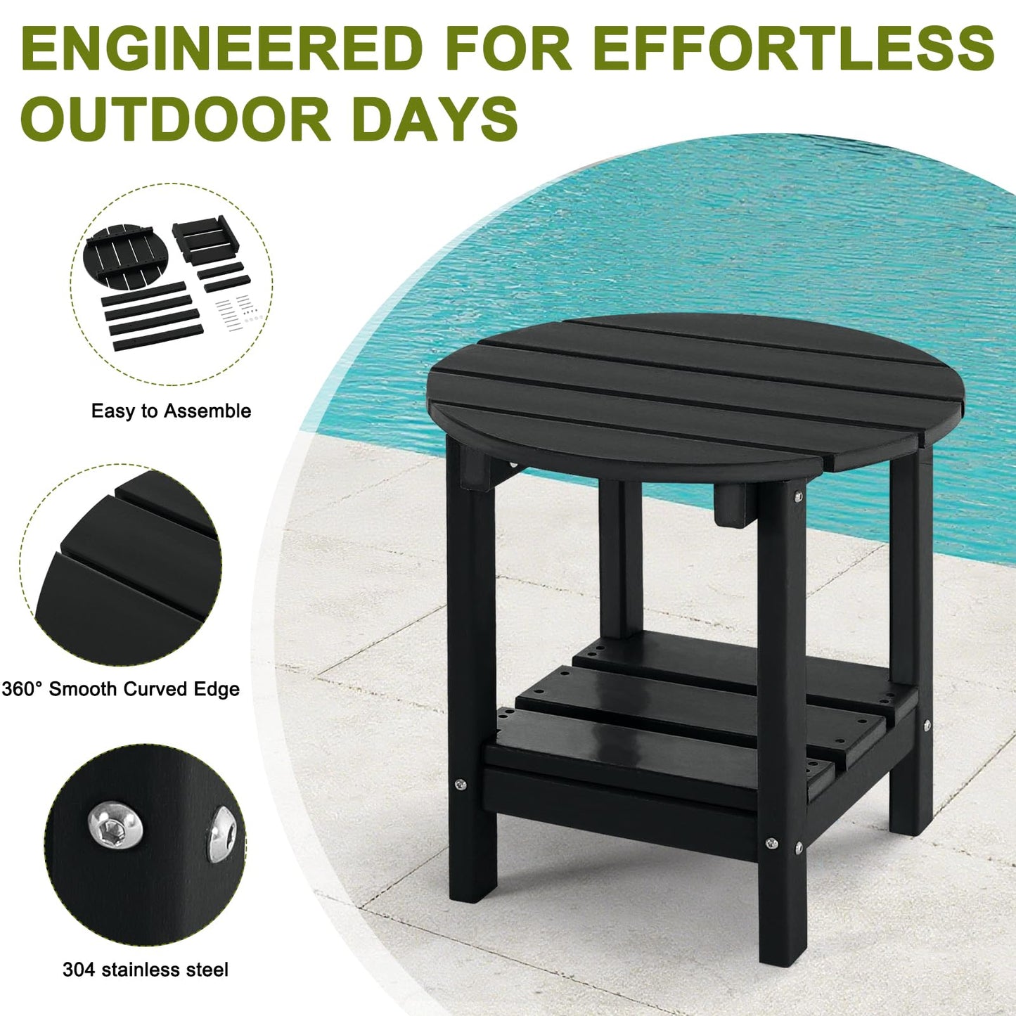 ABCPATIO Adirondack Outdoor Side Tables, 2-Tier Round Outdoor Table, Weather Resistant HDPE Patio End Table for Garden, Lawn, Pool, Beach, Porch, Deck, Backyard - Black