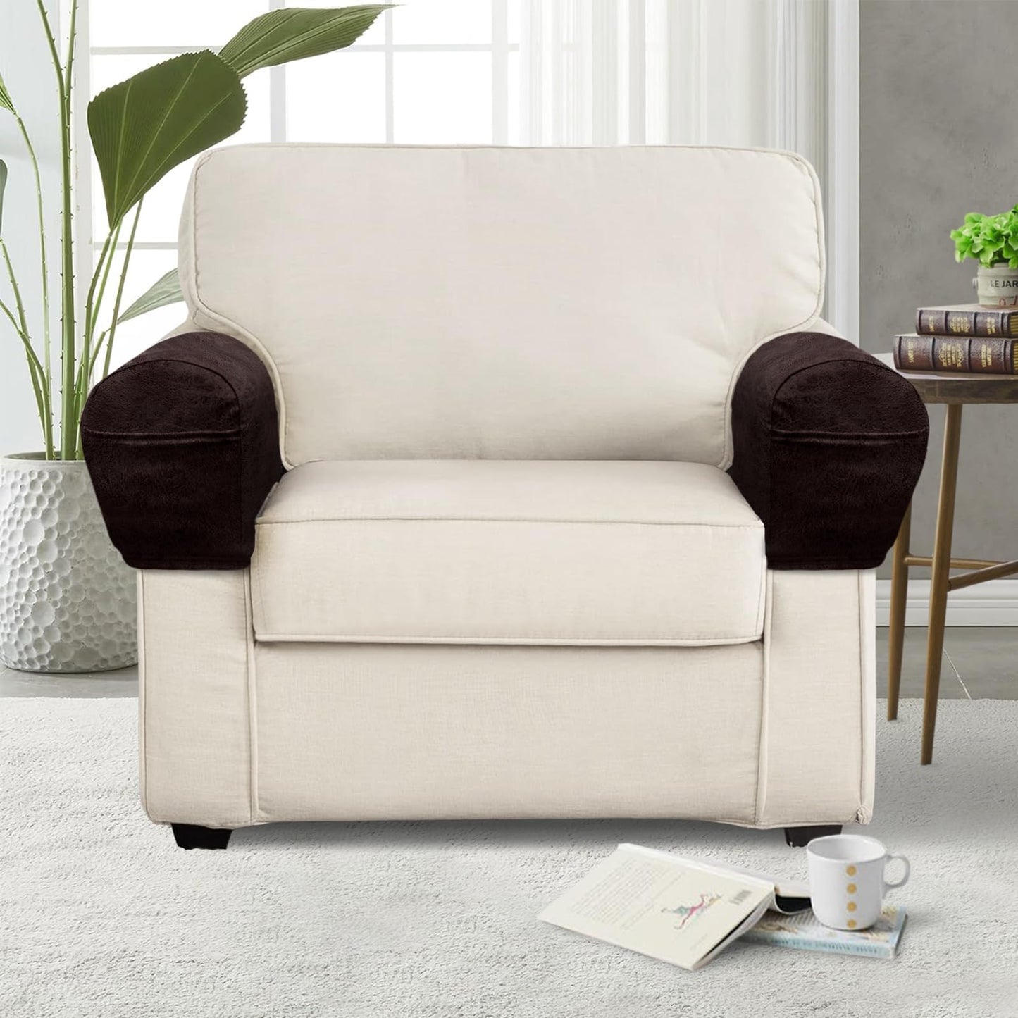 ANARACHON Leather Look Couch Arm Covers Set of 2 Armrest Covers for Sofa Chair Arm Protectors Stretch Armchair Slipcovers with Pockets Washable Spandex Fabric (Medium, Chocolate)