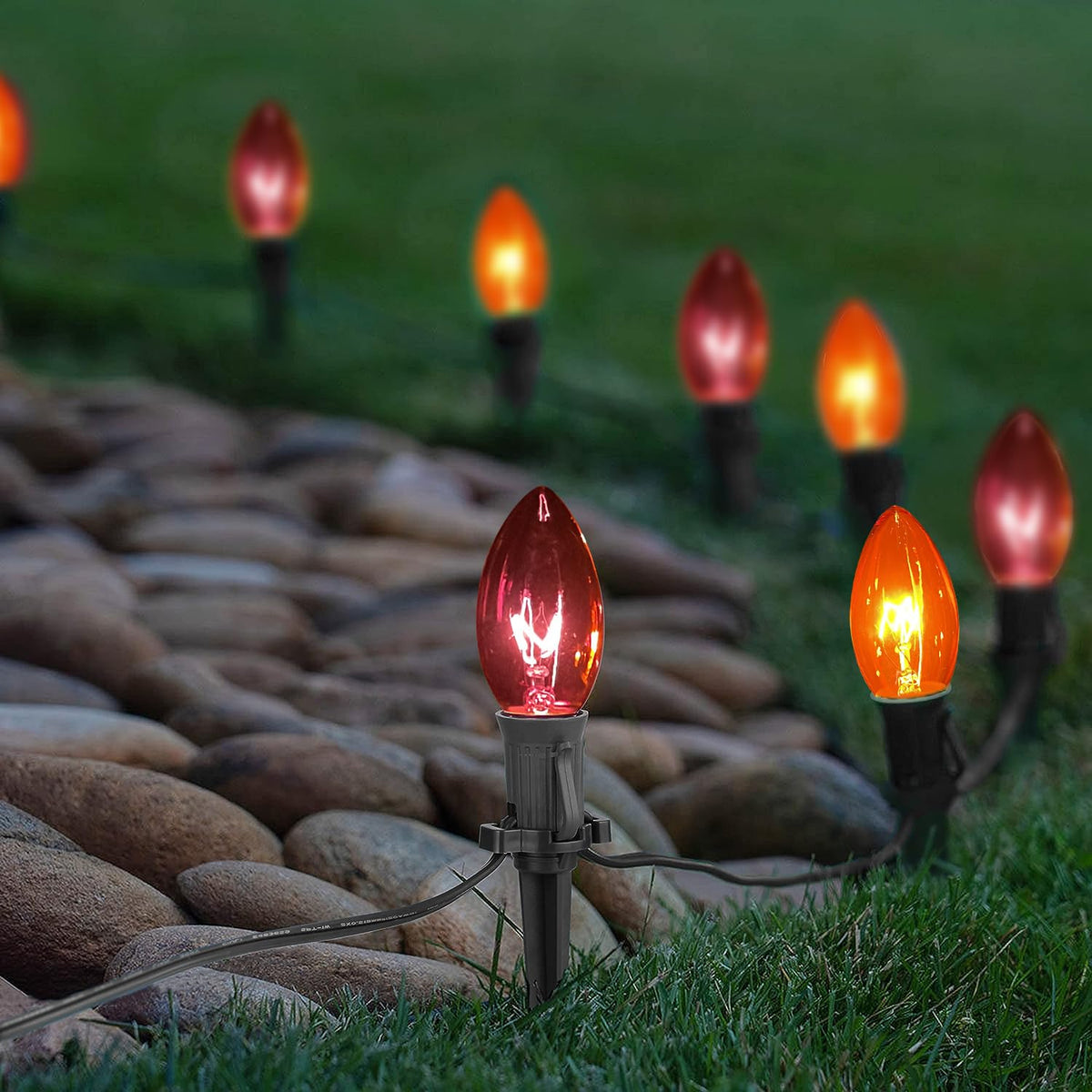 GOOTHY C9 Halloween Pathway Lights Outdoor, 19.5Ft Halloween Decorations Pathway String Lights with 10 C9 Orange and Black Stakes Lights for Walkway Yard Lawn Garden Sidewalk
