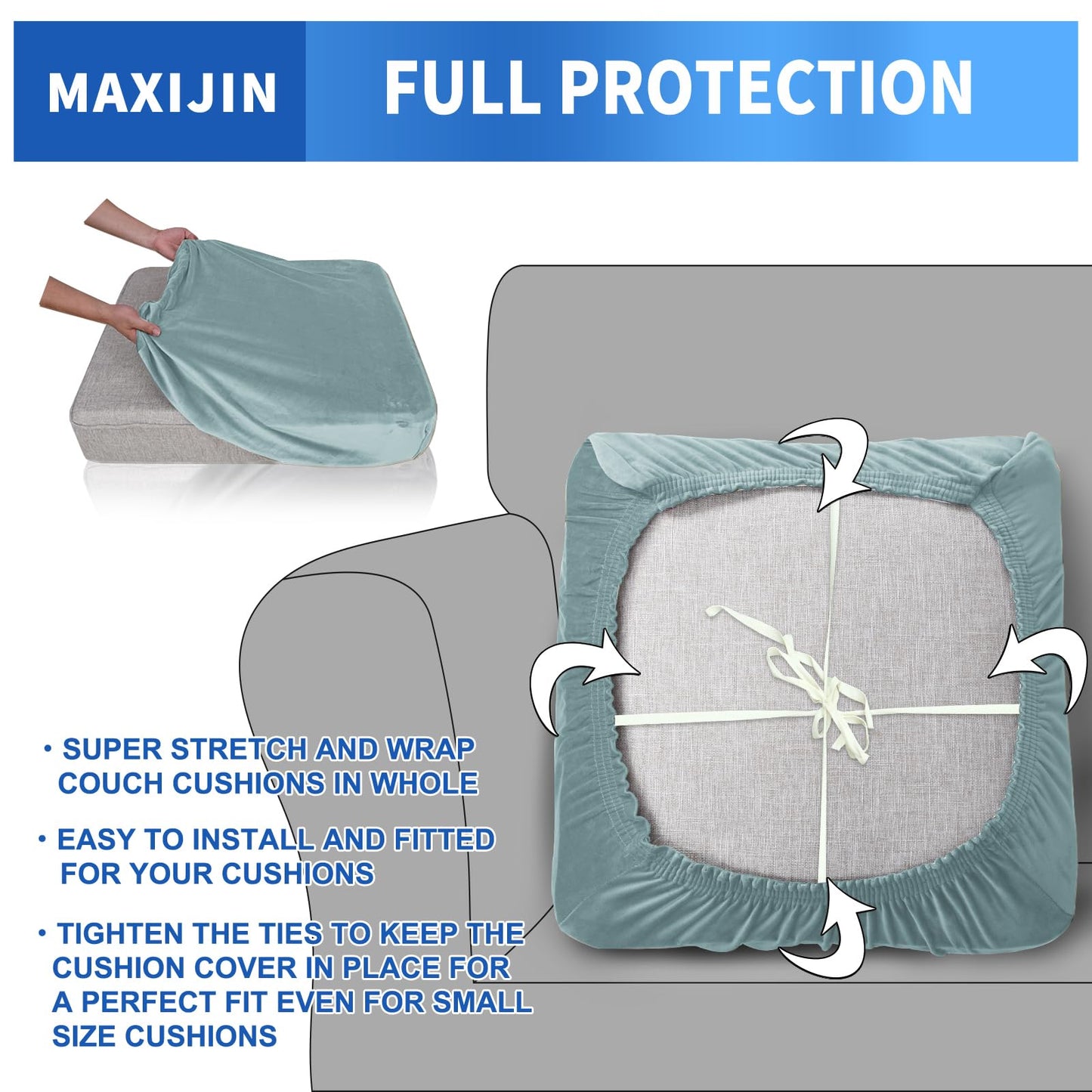 MAXIJIN Velvet Stretch Cushion Cover Fitted Couch Cushion Slipcovers 1 Pack Arm Chair Seat Cushion Cover for Individual Cushion Sofa Chair with Elastic Bottom (Chair Cushion, Dusty Blue)