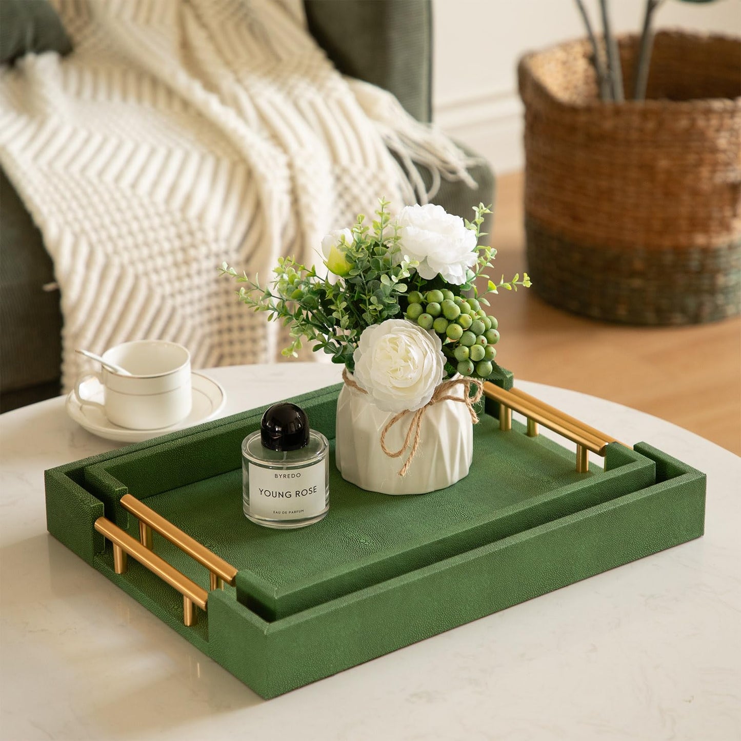 UPPER DECOR Decorative Tray Set of 2, Green Shagreen Leather Tray, Modern Elegant Rectangle Serving Trays with Gold Polished Metal Handles, Ottoman Trays Coffee Table Perfume Kitchen Home Decor