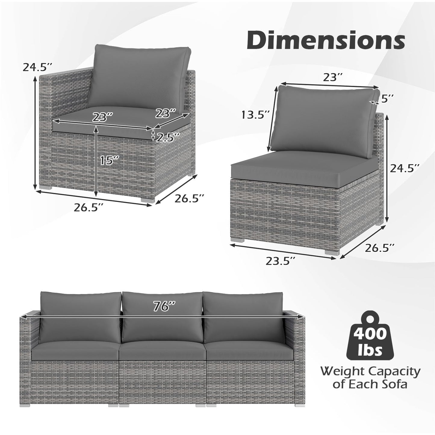 Tangkula 3 Seat Outdoor Wicker Sofa Set, Modular PE Rattan Patio Cushioned Sectional Couch Set, Outside Furniture Set for Deck, Backyard, Porch, Garden & Poolside (Grey)