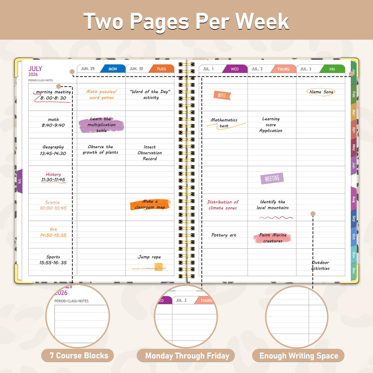 Teacher Planner 2026-2027, Jul 2026-Jun 2027 Academic Year, 8.5" x 11" Lesson Planner Book for Teacher Calendar, Spiral Bound Planners, Colorful Monthly Tabs, Planning Stickers, Leopard