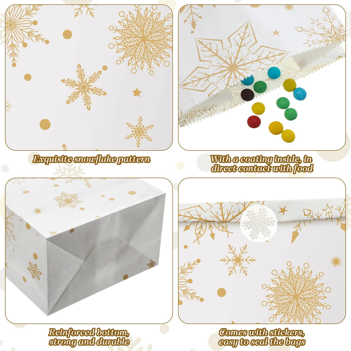 Cholemy 120 Set Winter Christmas Snowflake Gift Bags with Snowflake Sealing Stickers Winter Paper Goodies Treat Cookie Snack Bags for Xmas Holiday Party Favors