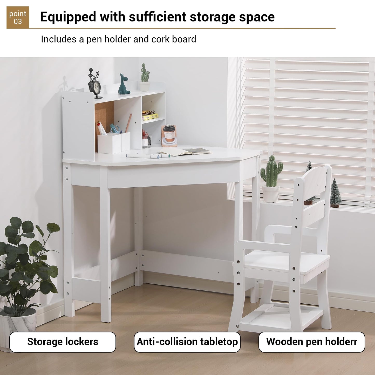 GarveeHome Kids Corner Desk and Chair Set, Children Study Table with Bookshelf, Bulletin Board, and Pen Holder, Writing Table for Boys and Girls, White