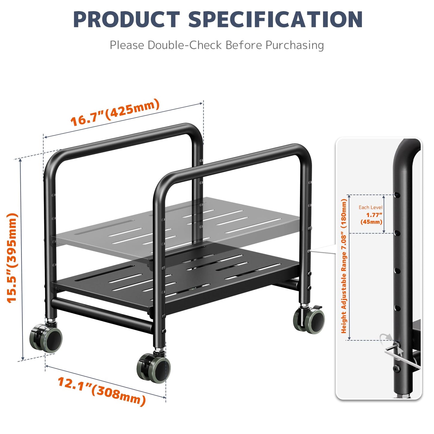 PUTORSEN Computer Tower Stand Under Desk - Height Adjustable PC Stand for Most Mid-Tower, Rolling CPU Holder with 360° Locking Wheels, Max Load 66 lbs, Black