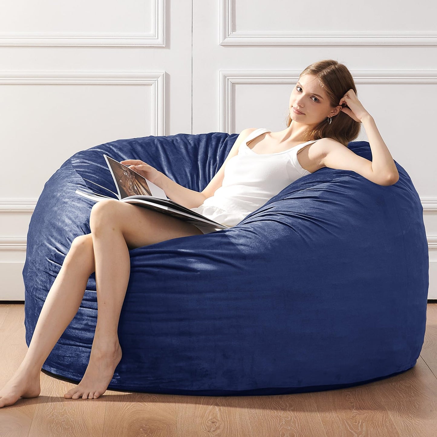 ILPEOD Bean Bag Chairs for Adults - Memory Foam Furniture BeanBag Chair - Kids/Teens Sofa with Soft Micro Fiber Cover - Round Fluffy Couch for Living Room Bedroom College Dorm, Navy