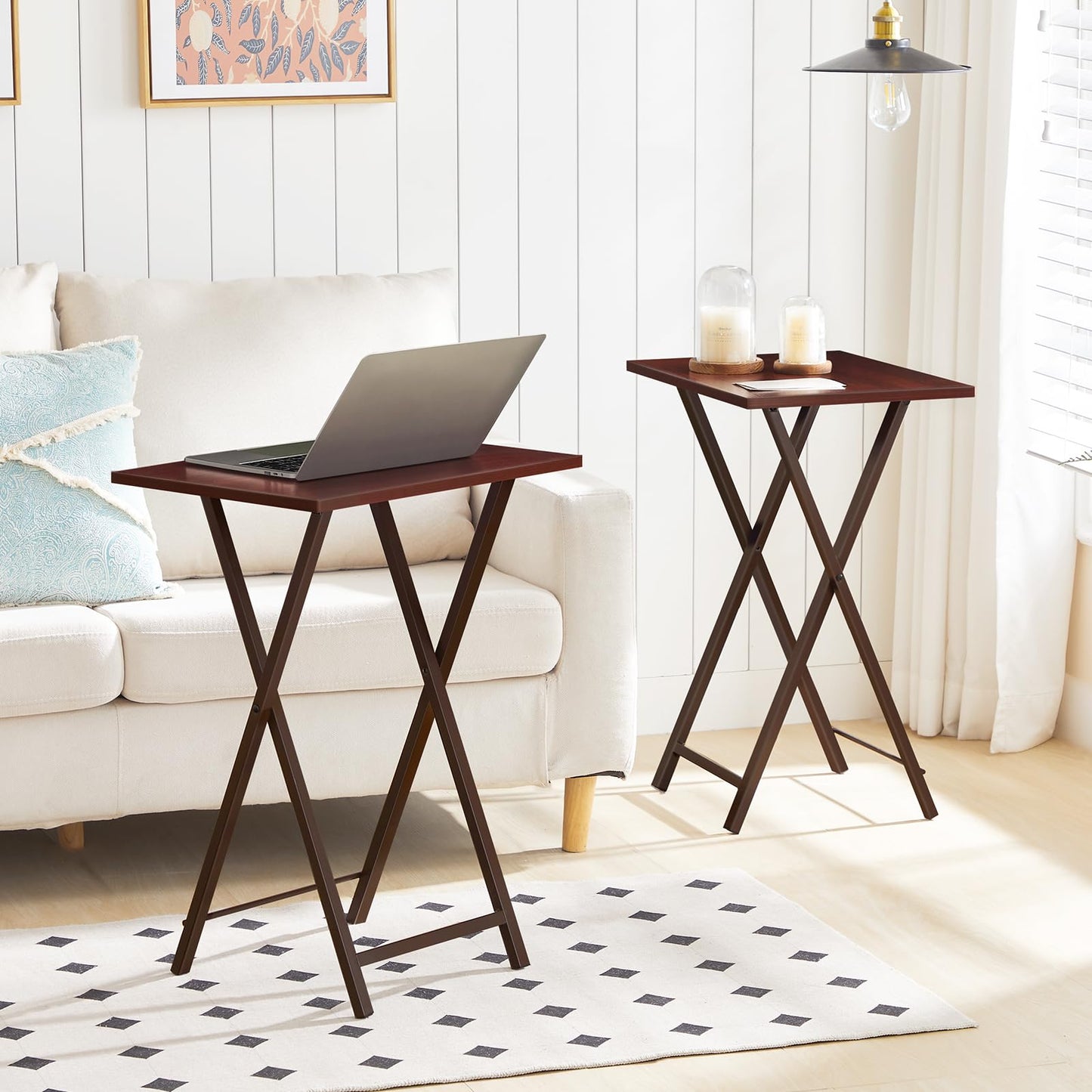 HOOBRO Folding TV Tray Tables, Set of 2 Side Table for Small Space, Industrial Snack Tables for Eating at Couch, Stable Metal Frame, Easy Assembly, Space Saving, Brown BR25BZ01