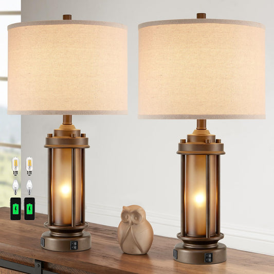 AIEAMPDO Set of 2 Farmhouse Table Lamps with 2 USB C+A Ports