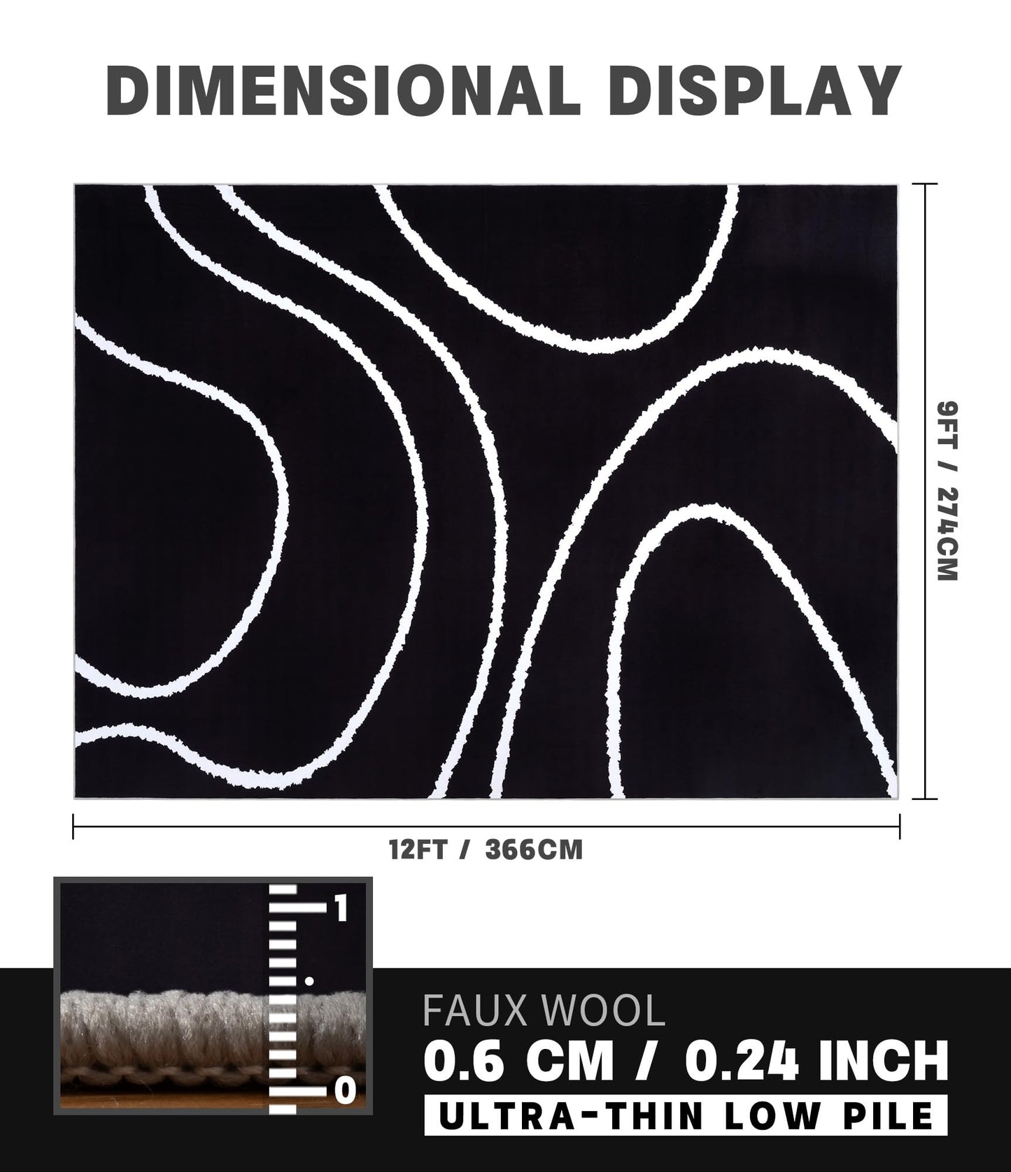 YIHOUSE Black Modern Area Rugs 9x12,Large Black and White Rugs for Living Room,Wave Washable Rug 9x12,Thin Abstract Geometric Rug,Minimalist Striped Rugs for Bedroom,Office