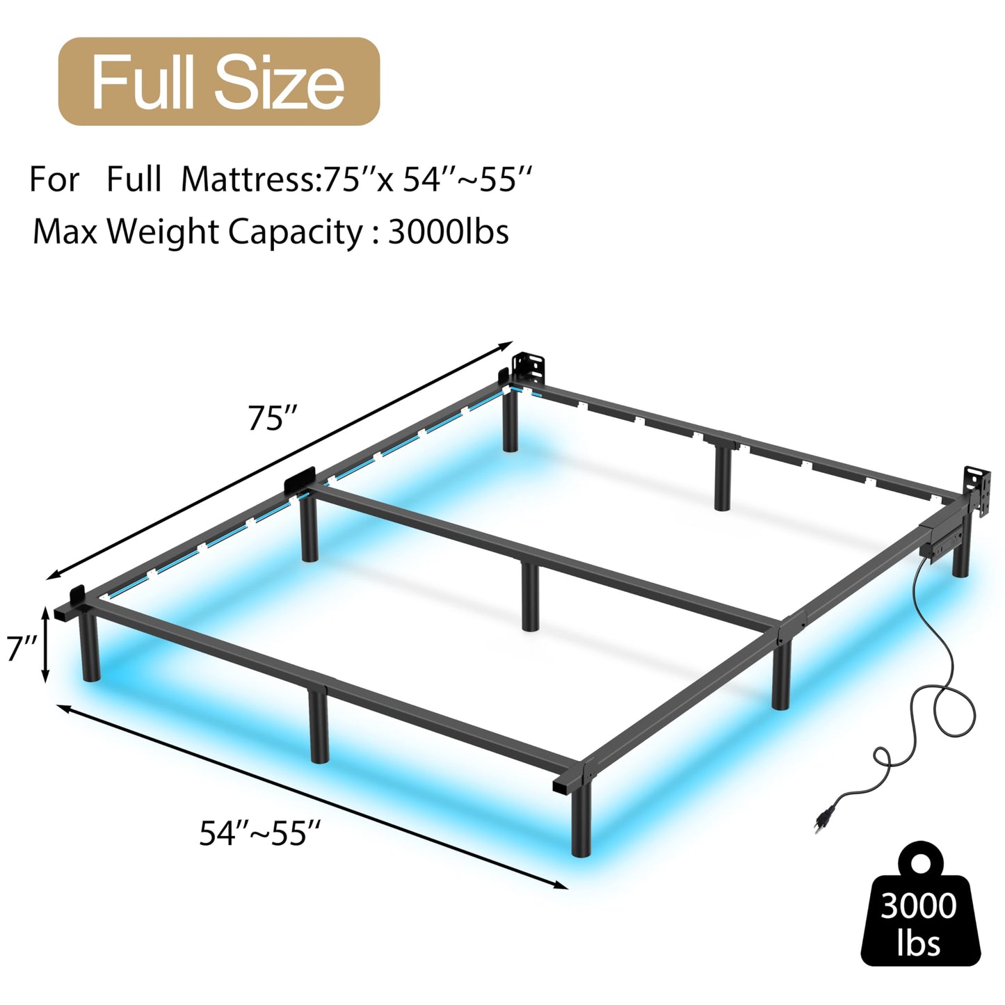 HusDream Full Size Bed Frame with LED Lights 7 Inch Platform Bed Frame Thick Basics Bed Base for Box Spring & Mattress Foundations,Adjustable Length,Noise Free,Tools Free (7 Inch, Full)