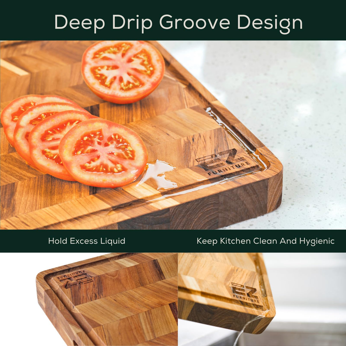 EZ FURNITURE Extra Large (XL) Teak Edge Grain Cutting Board, Reversible, Knife-Friendly Charcuterie Butcher Block, Juice Groove & Handles, Non-Toxic, Gift Box Included (Herringbone, 24" x 18" x 1.5")